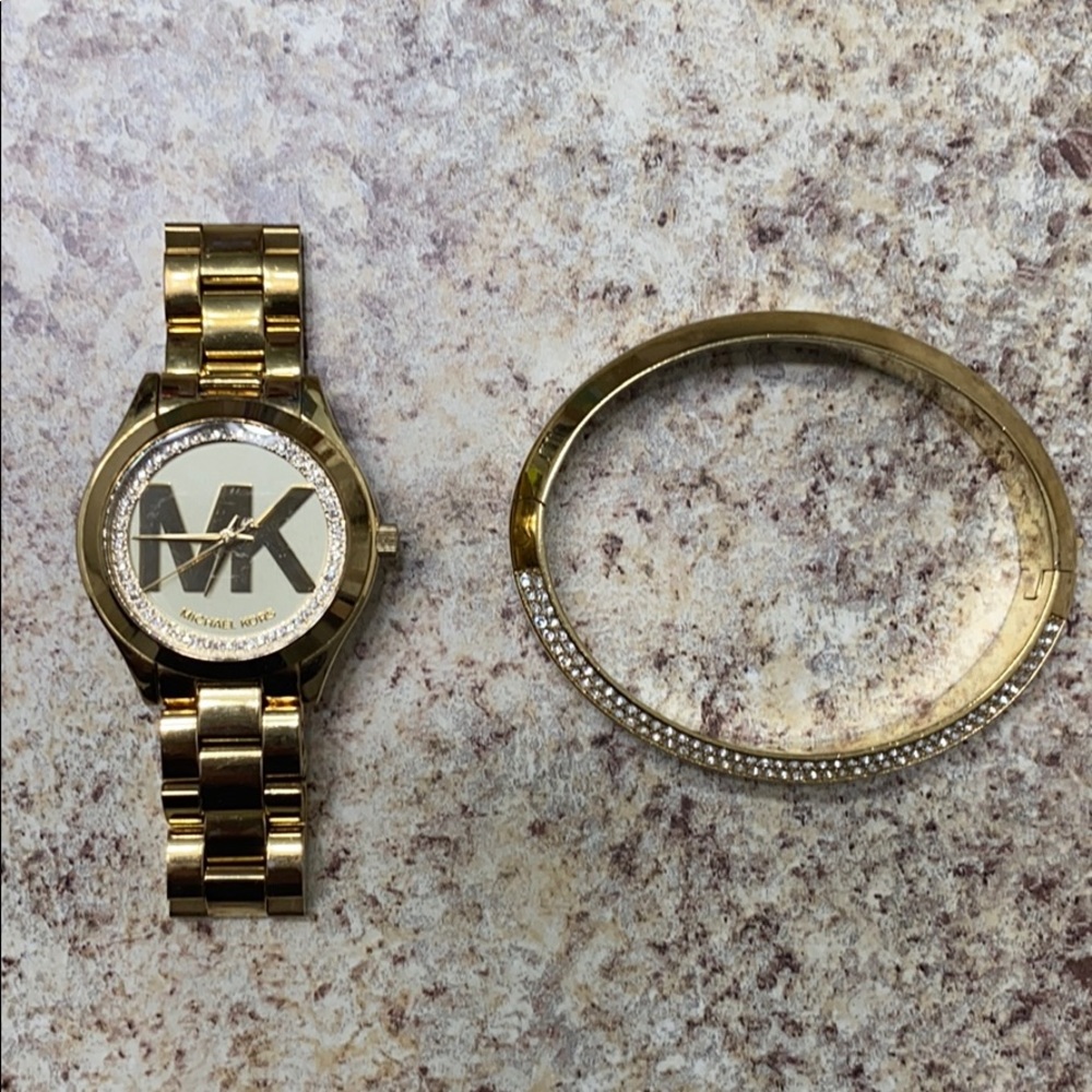 MK Gold Watch and Matching Bracelet with Crystals